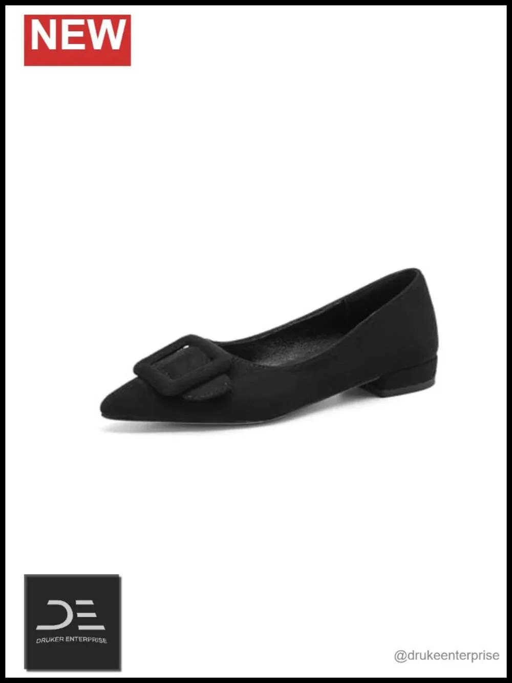 Women's Pointed Toe Slip-On Flats with Square Buckle - Suede Low Heel Dressy